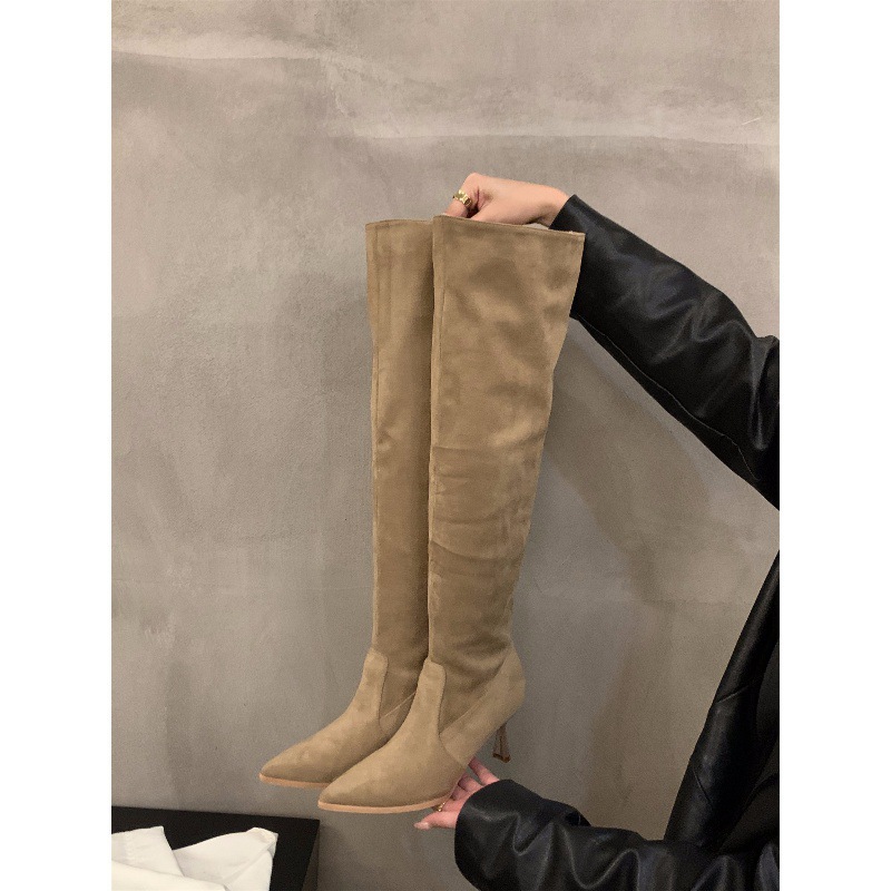 High heel Khaki over the knee pile boots women's new fall/winter pointy skinny knight boots_voghion.com