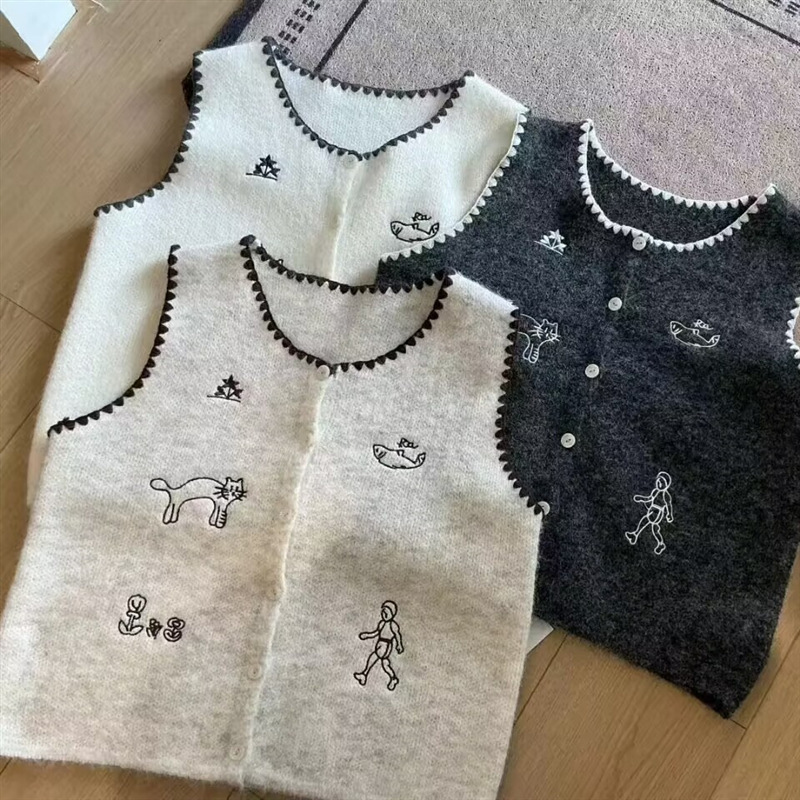 韩系卡通刺绣无袖针织马甲背心女秋冬新款减龄显瘦叠穿马夹上衣女|undefined