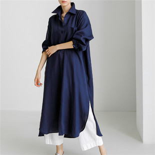 2025 Spring & Fall New Loose Large Size Korean Chic Shirt Dress over the Knee Long Slit Bf Cotton and Linen Shirt