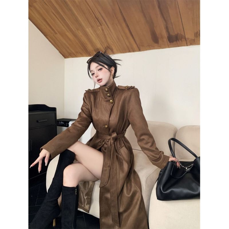 2025秋冬新款时尚高级感立领宽松长款皮衣系带宽松绑带风衣外套女|undefined