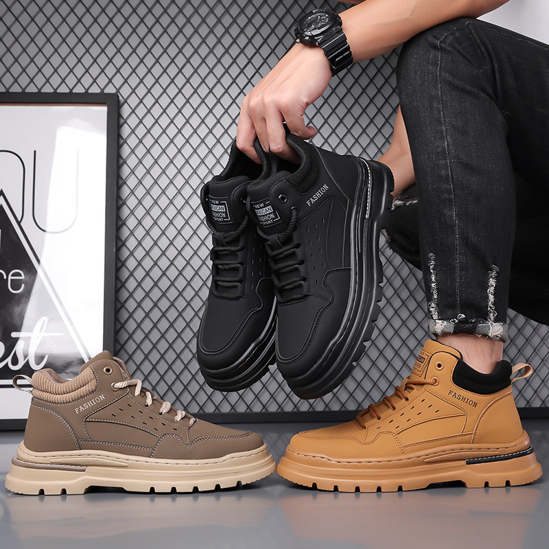 Boots Men's Shoes Autumn and Winter Shoes High-Top Sneakers Work Shoes Mid-Top Outdoor British Fashion Casual Leather Shoes Men's Short Boots