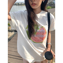 黄峥 番石榴印花字母圆领宽松短袖T恤女2025夏清新流行上衣520412