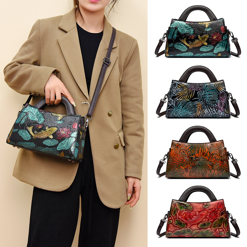 Bolso de moda nacional estilo Nacional Madre de gran capacidad bolso de hombro estilo étnico elegante retro en relieve Lucky Fish Messenger Bag