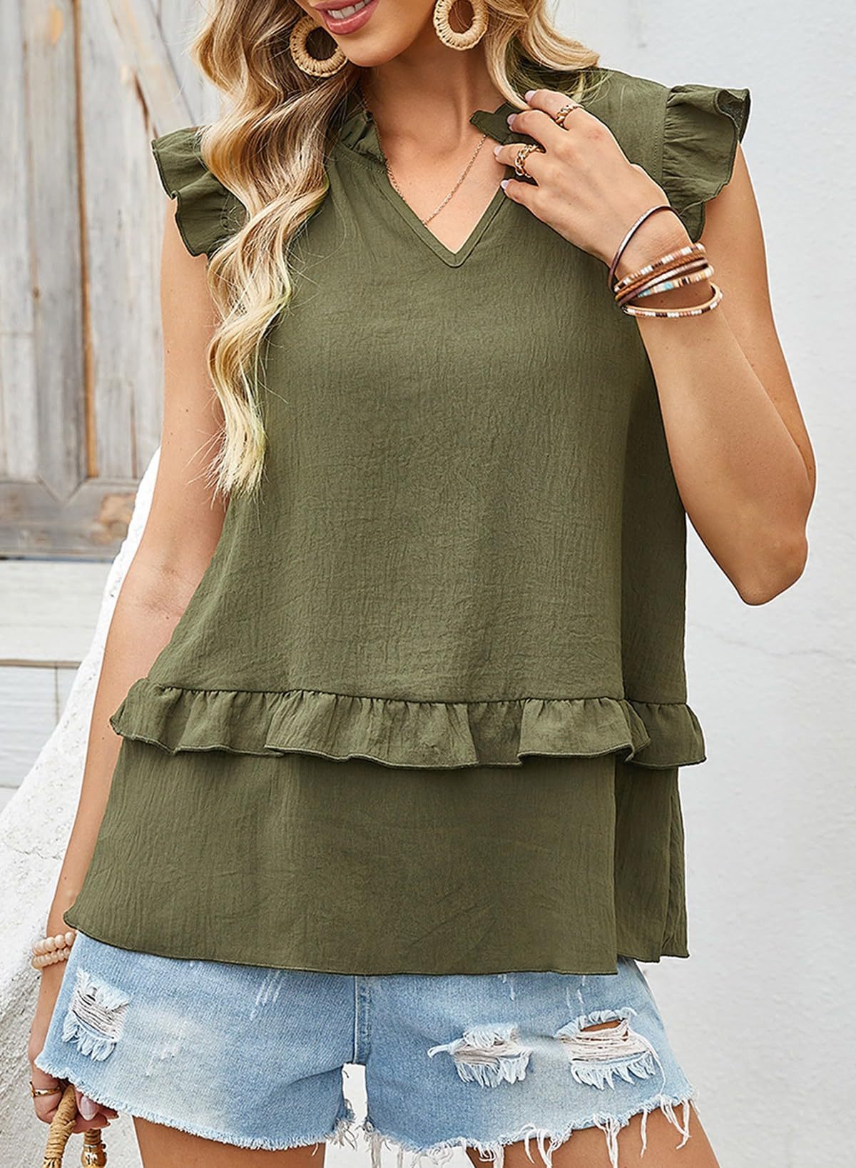 Women's Sleeveless V-Neck Blouse With Ruffle Trim, Flowy Relaxed Fit Casual Shirt For Summer ​Versatile And Easy To Wear_ecoleips.com