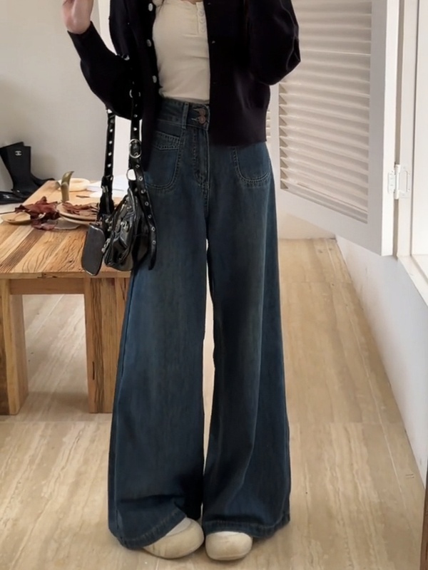 梨妹之家阔腿拖地慵懒牛仔裤女阔脚裤复古高腰大裤脚不贴腿长裤子|undefined