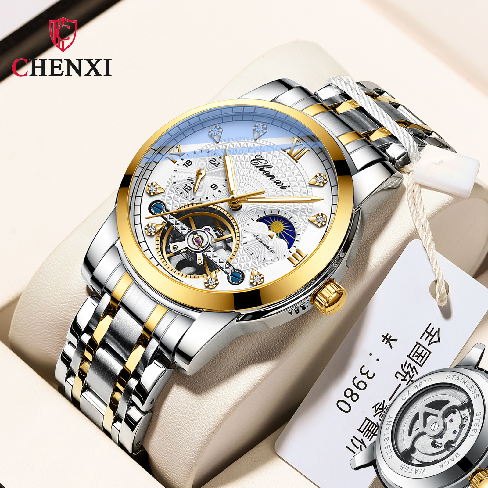 Chenxi volante hueco Sun Moon Star correa de acero impermeable reloj mecánico automático luminoso 8870