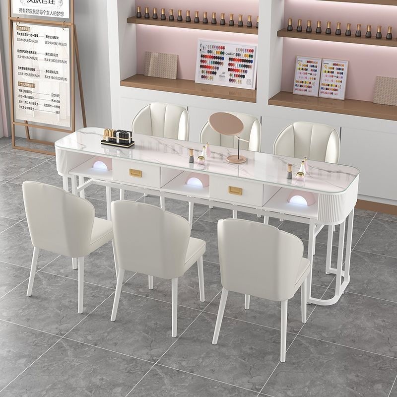 Nordic Style Light Luxury Table and Chair Set for Nail Salon, Trendy White Manicure Table and Chair Set for One, Two, or Three People