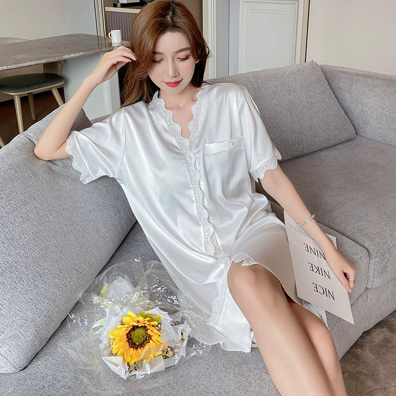 2024 nuevo pijama de seda de hielo mujeres de verano cardigan de manga corta pijama largo medio delgado sexy ropa de hogar suelta