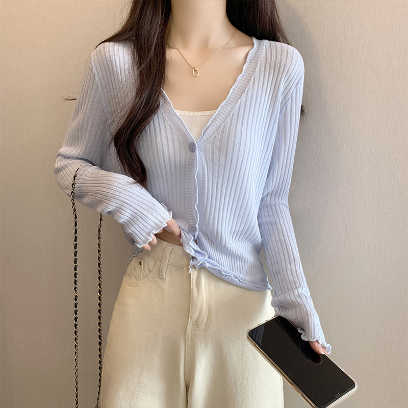 Baby Blue Ice Silk Knitted Sunscreen Cardigan Women's Summer Ear Shawl Korean Thin Small Coat Top