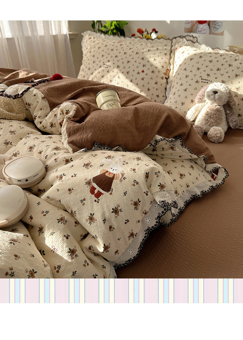 Nordic Vintage Style Double-layer Gauze Bedding Set With Lace Trim_voghion.com