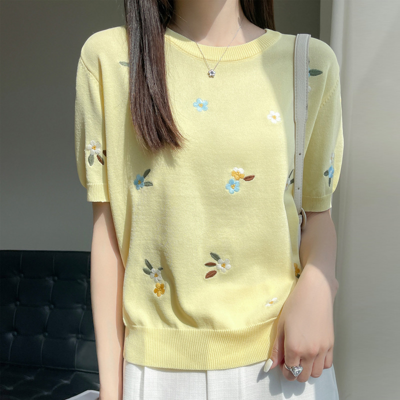 年夏季新款冰丝圆领重工刺绣小花针织衫短袖宽松百搭气质上衣|undefined