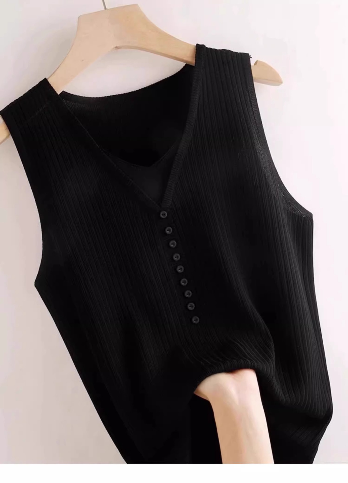 Áo hai dây dệt kim giả hai mảnh lụa băng nữ, mặc trong áo sơ mi hoặc blazer, không tay — Màu đen chi tiết 9