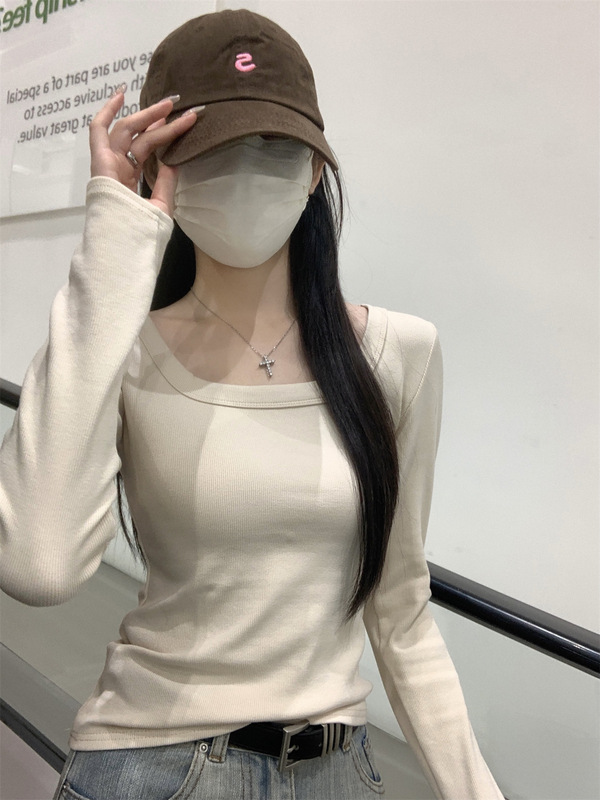 新款百搭显瘦纯色长袖T恤2025秋季韩版修身气质方领打底衫上衣女|undefined