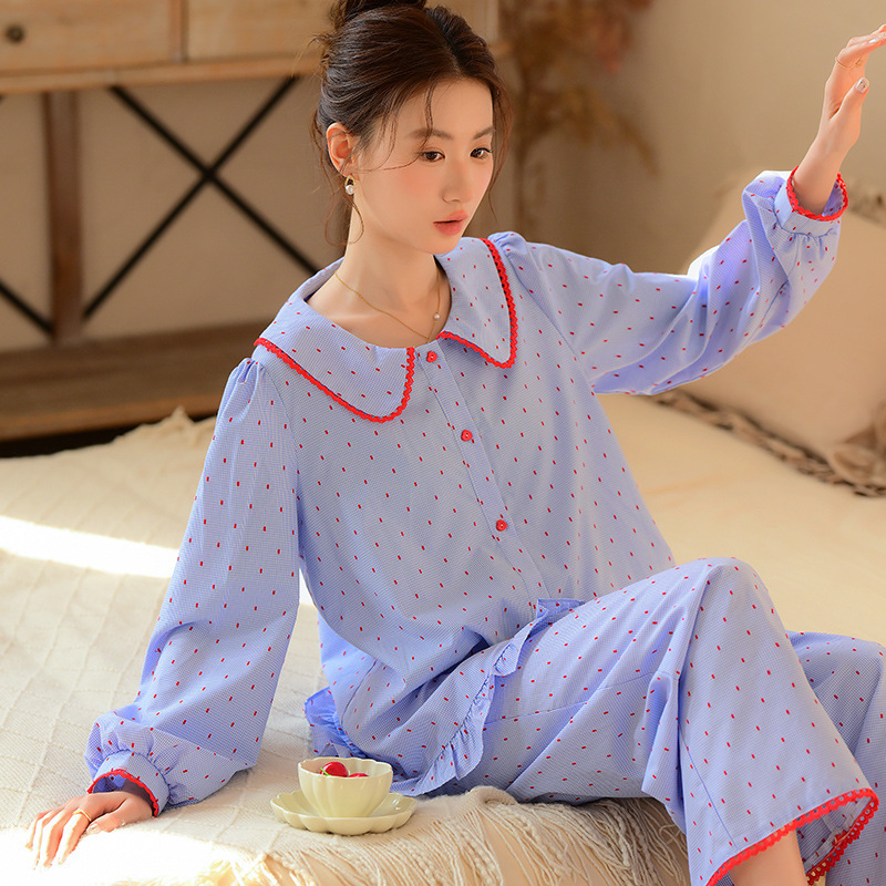 Pajamas Women's Spring Woven Cotton Doll Collar Cardigan Blue Polka Dot Sweet Long Sleeve Trousers Home Clothes suit