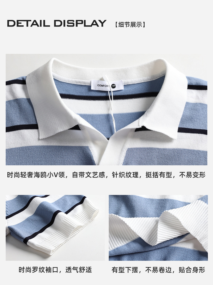 Europa y Estados Unidos transfronterizos hielo de punto polo camiseta de hombre de alto nivel de negocios ocio rayas de verano de manga corta camiseta