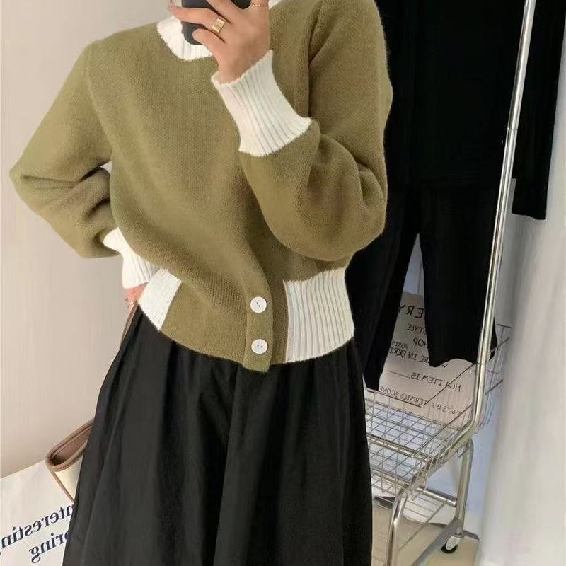 秋冬季收腰针织衫撞色设计感毛衣上衣气质套头圆领时尚纽扣打底衫|undefined