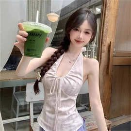 设计感小众蕾丝条纹挂脖绑带无袖上衣夏季新款修身莫代尔内搭背心