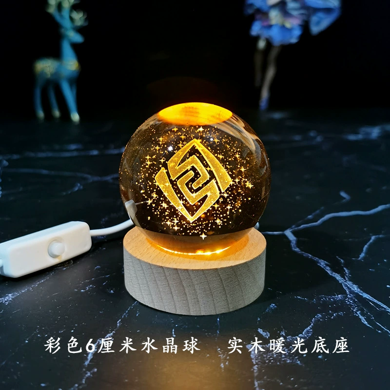 Ночная лампа кристальный шар (Genshin Impact), 3D-гравировка семи стихий, LED или деревянная подставка