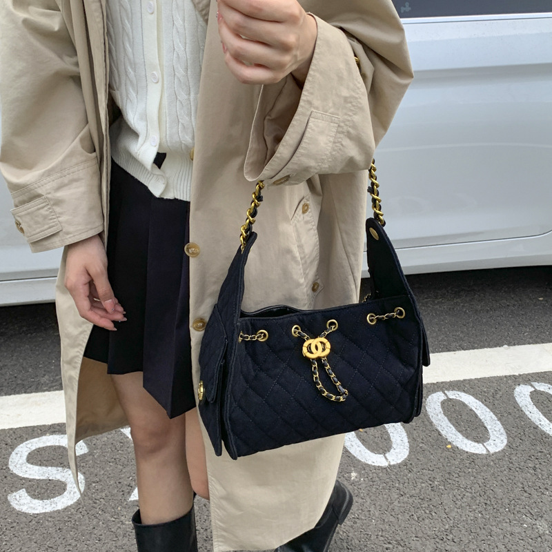 感菱格链条包包女2025新款潮百搭单肩斜挎包大容量抽绳水桶包|undefined