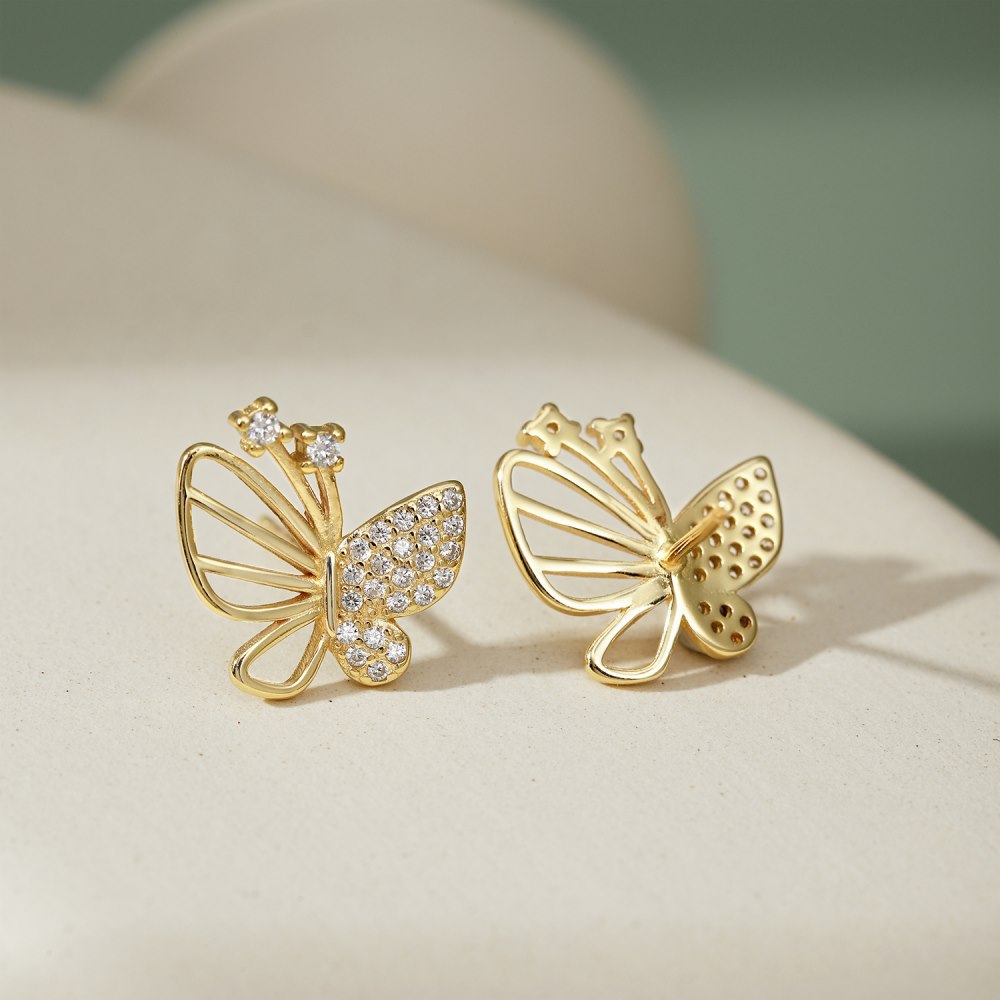 Fairy Style Butterfly Sterling Silver Plating Zircon Ear Studs 1 Pair