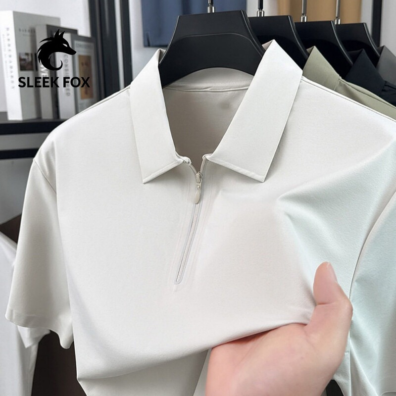 Fashionable Half-Zip Collar Short-Sleeve Summer Men's Thin Solid Color Casual Polo Shirt Versatile and Slimming
