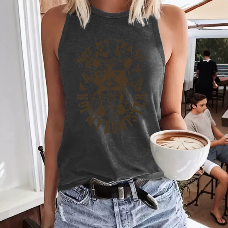 Sleeveless Top for Women with Playful Raccoon Print "This Is Not My Trash" Design, Backless, Sexy, Loose-Fitting Tank Top