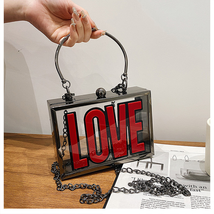 Fashion Letter Pattern Metai Chain Handle Transparent Square Messenger Bag 17*12*4cm display picture 3