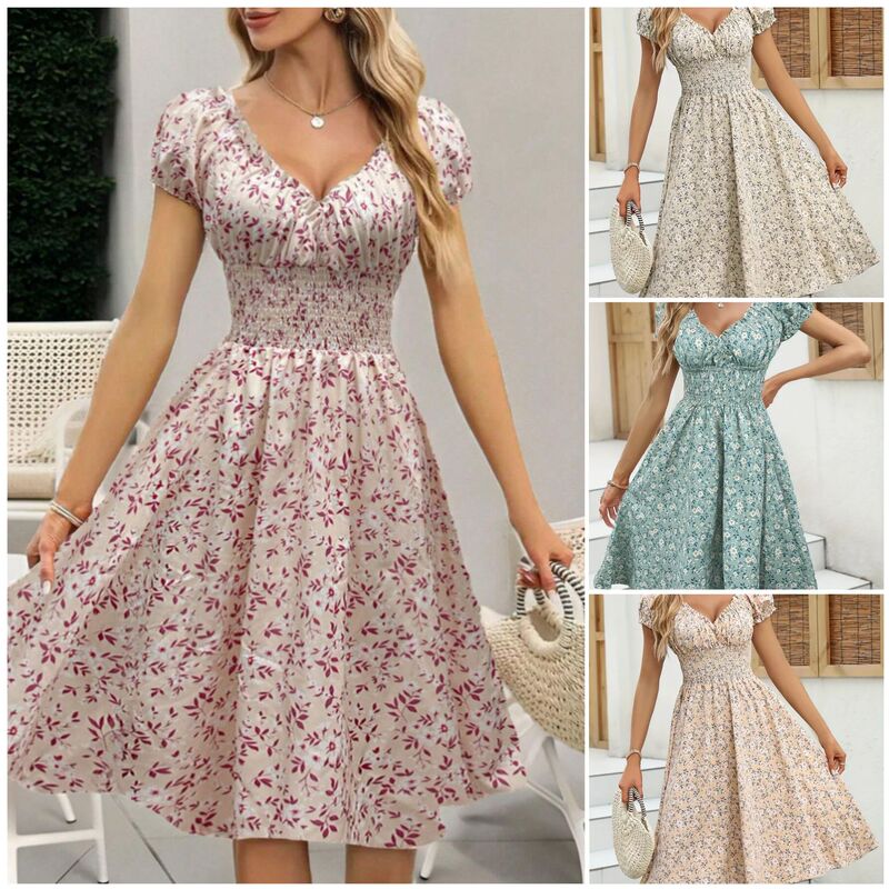 European and American women's clothing Amazon cross-border new retro floral bubble sleeve French dress foreign trade explosions independent station
