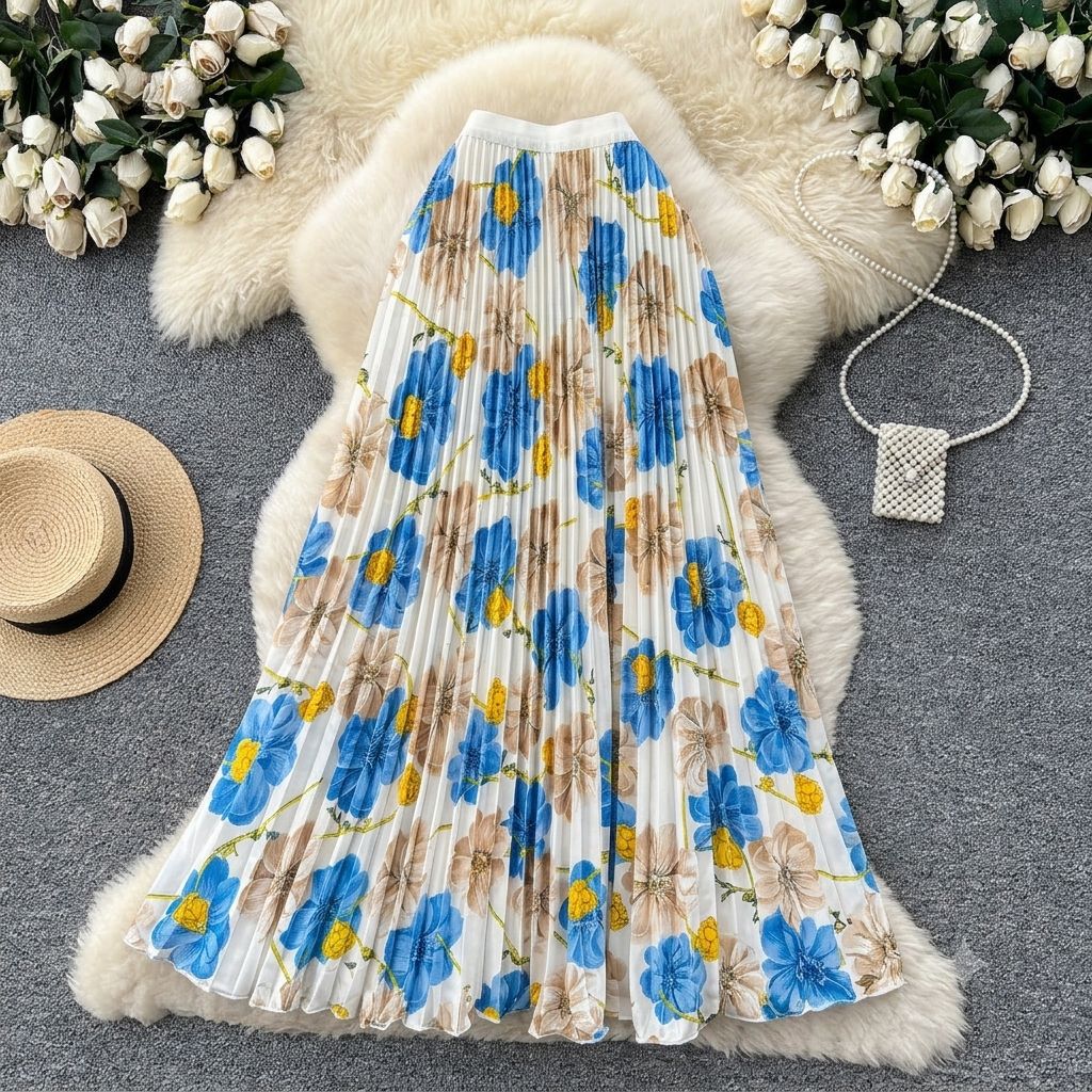Women's Retro Print Pleated Skirt High Waist A-Line Midi Fashion Skirt for Commuting Summer Long Skirt European And American Style_ecoleips.com