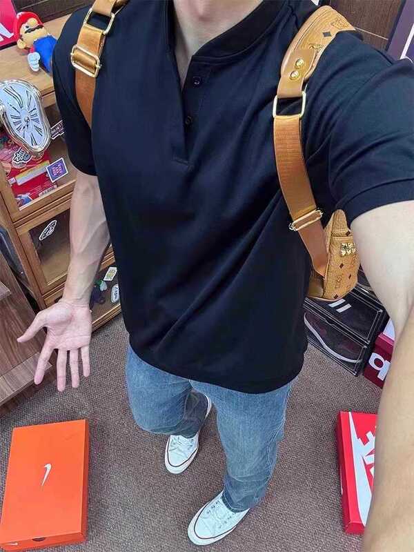 アメリカンレトロヘンリーカラー半袖Tシャツメンズ夏新作クリーンフィットシンプルカジュアルルーズ万能半袖|undefined