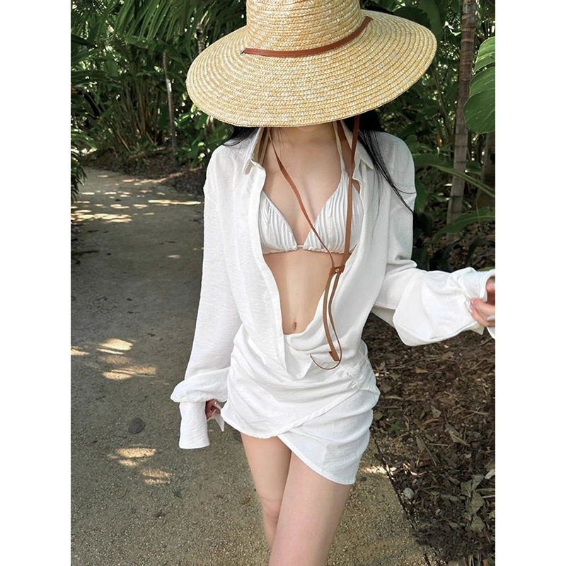 Ins Seaside Beach Vacation Bikini Shirt Dress Swimsuit Women's Three-Piece Set to Cover Belly Internet Celebrity Small Breasts Popular Summer Ins Seaside Beach Vacation Bikini Shirt Dress Swimsuit Women's Three-Piece Set to Cover Belly Internet Celebrity Small Breasts Popular Summer