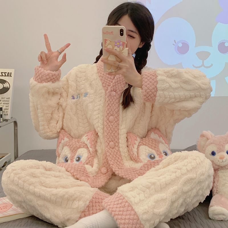 睡衣女秋冬季珊瑚绒加厚保暖韩版束口卡通可爱法兰绒家居服套装女|undefined