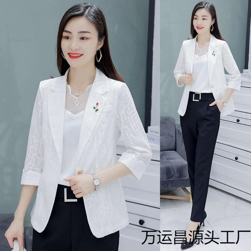 2025 Autumn Fashion Korean Style Slim Spliced Lace Small Suit Jacket Thin Slimming Temperament Business Suit