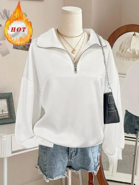 2026 Spring, Autumn and Winter New Women's Casual and Comfortable Solid Color Half-Zip Lapel Sweatshirt