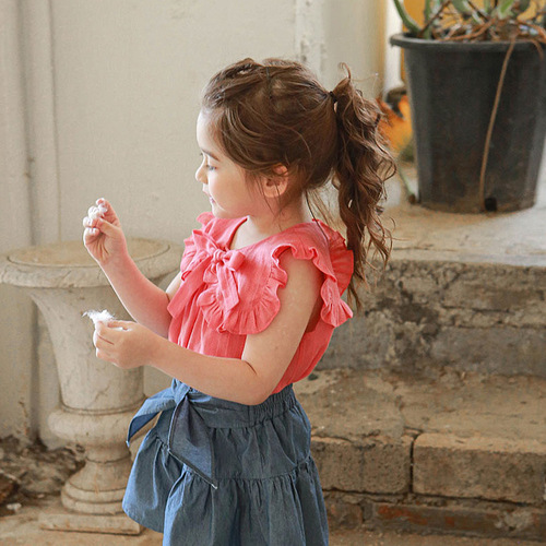 2024 Summer Strawberry Shan Korean Style Children's Clothes Girls Girls Tie Bow Lapel Shirt