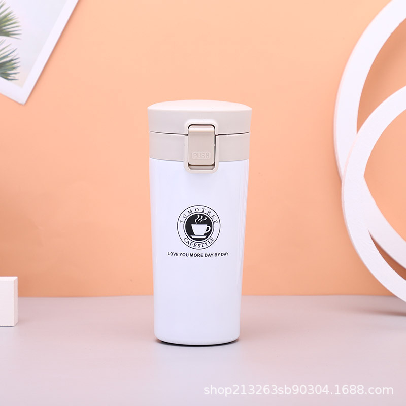 Taza térmica de acero inoxidable 304 con tapa abatible, diseño degradado, ideal para café o té.