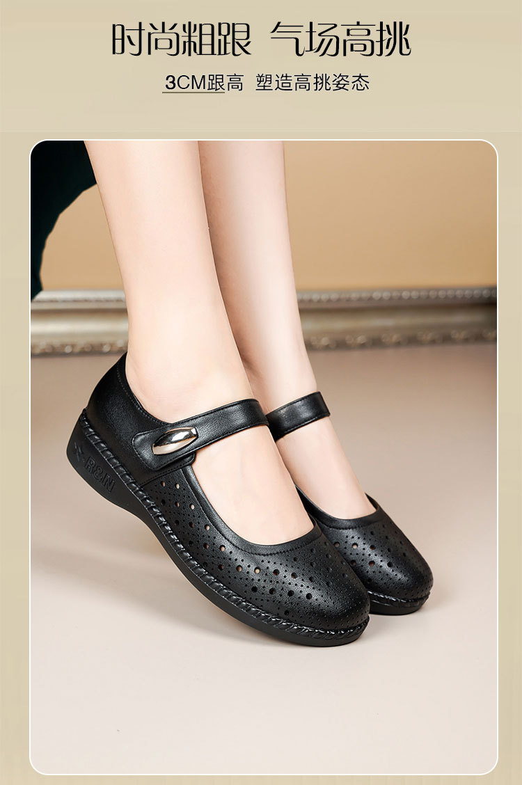 Sandal nữ da thật gót thấp quai chữ V đế mềm — Màu đen chi tiết 15