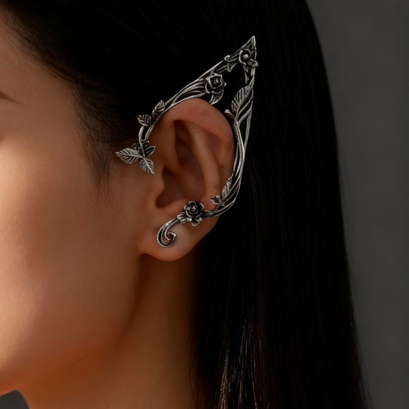 Cross-Border European and American Hot-Selling Ear Jewelry Dark Rose Elf Earrings Women's Retro Ear Hooks Halloween Party Ear Clips