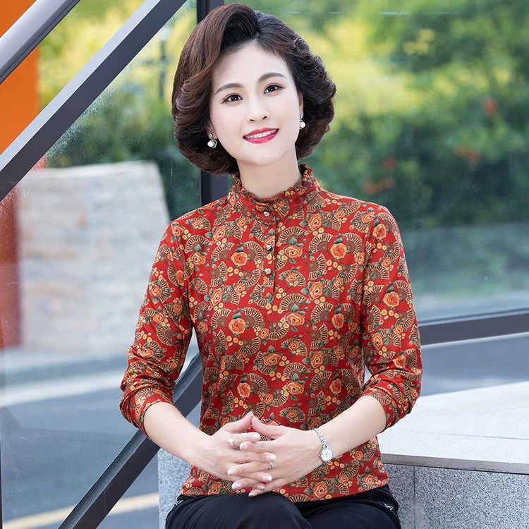 Осенняя одежда для женщин среднего и пожилого возраста, новая рубашка с длинными рукавами в стиле мамочек в западном стиле, маленькая рубашка, Женская весенне-осенняя рубашка среднего возраста, Топ