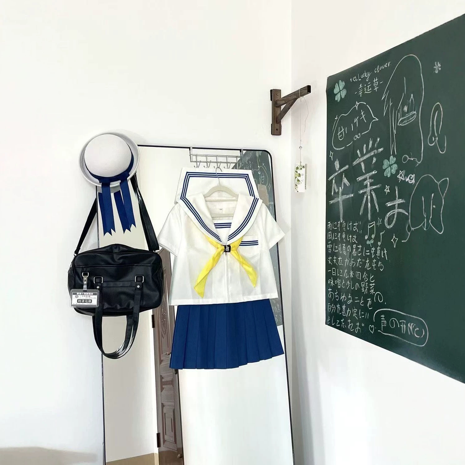 Blue three-piece JK uniform set, navy collar, preppy style, basic white collar, original sailor suit for women