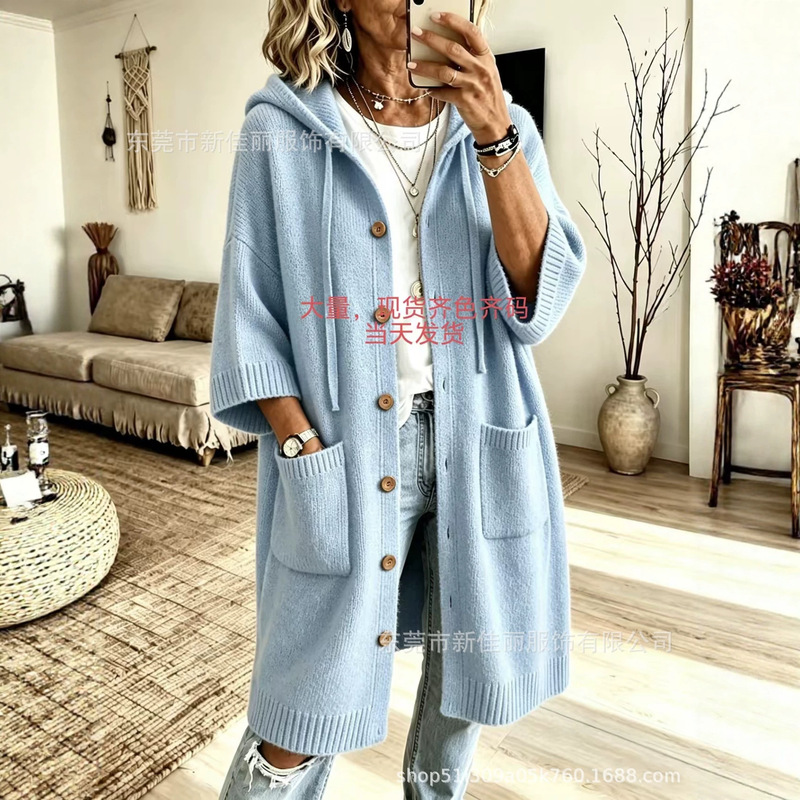 Amazon 2026 European and American Women's Fashion Independent Site Knitted Hooded Drawstring Sweater Sweater Outerwear Wide Sweater