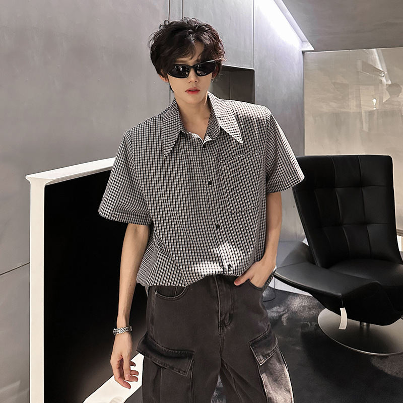 American Retro Shoulder-Padded Plaid Short-Sleeved Shirt for Men, High-End and Handsome Summer Sun Protection Shirt, Casual and Versatile Jacket