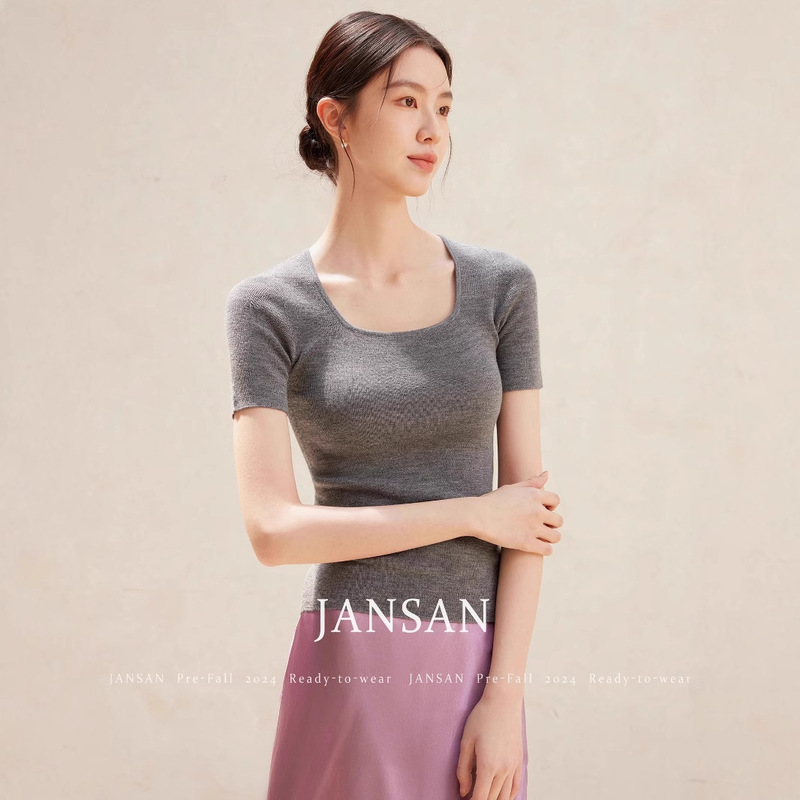 Women's Clothing Factory Store German Yangtze Square Collar Mid-Sleeve Women's Summer Top Seamless Wool Bottoming Shirt