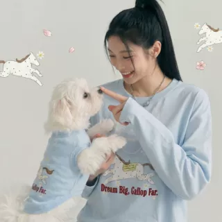 人宠亲子装春夏薄款清新蓝小马印花狗狗猫咪背心T恤人宠同款长袖