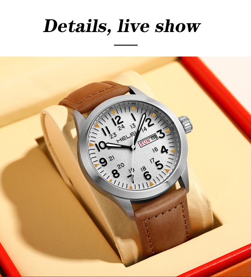 New Brand HELEI Men's Watch Genuine Leather Waterproof Luminous Wrist Watch Quartz Watch Calendar Week Display_voghion.com