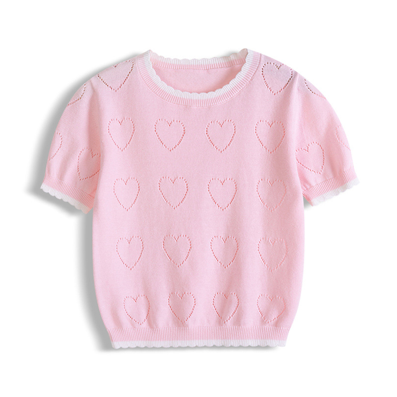 Camiseta hueca de amor de encaje de cuello redondo transfronterizo para niñas de manga corta de verano fino para niñas