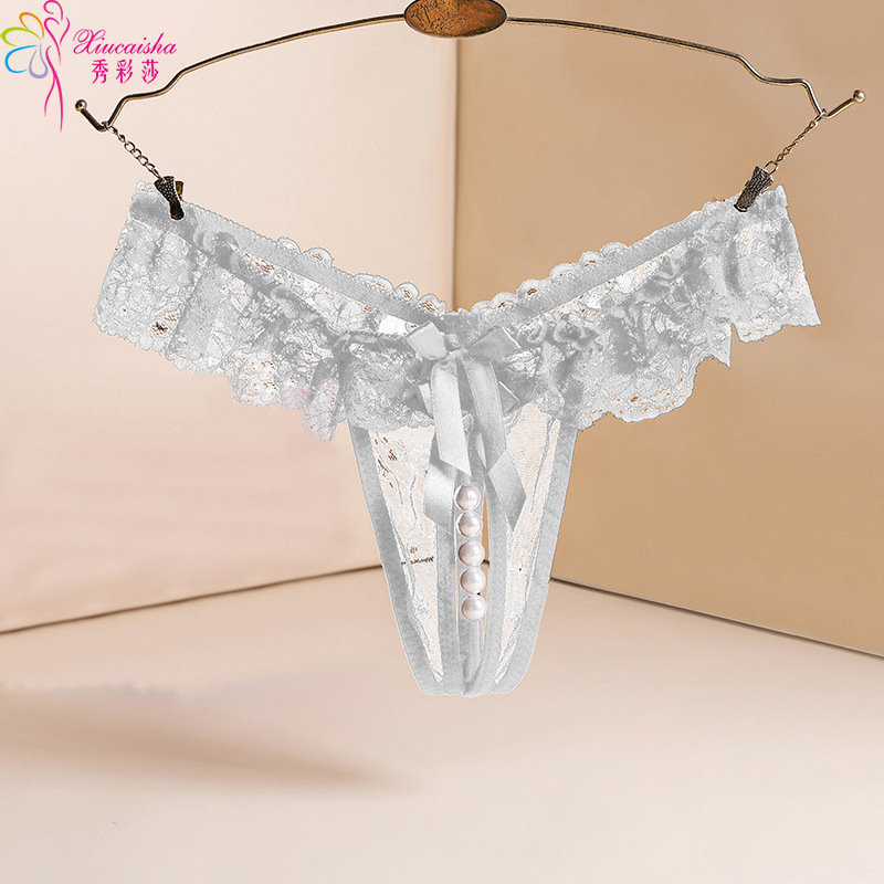 Lace Pearl G-string Thong, White One Size, Sheer Crotchless Design — detail image 14