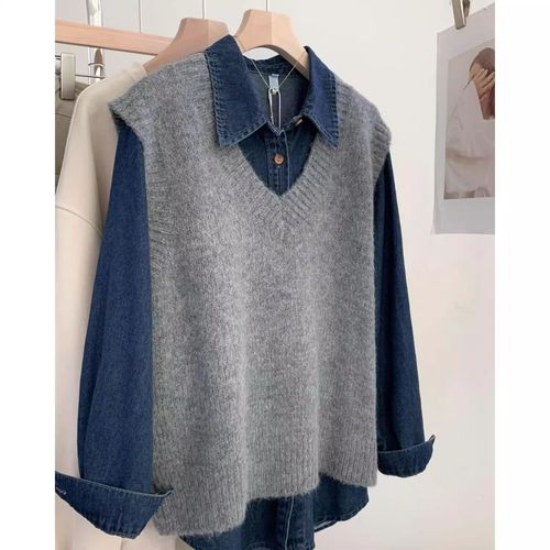 Grey V-neck Cardigan Knit Vest for Women Autumn and Winter Innerwear Layering over Sweaters V-neck Woolen Clothing