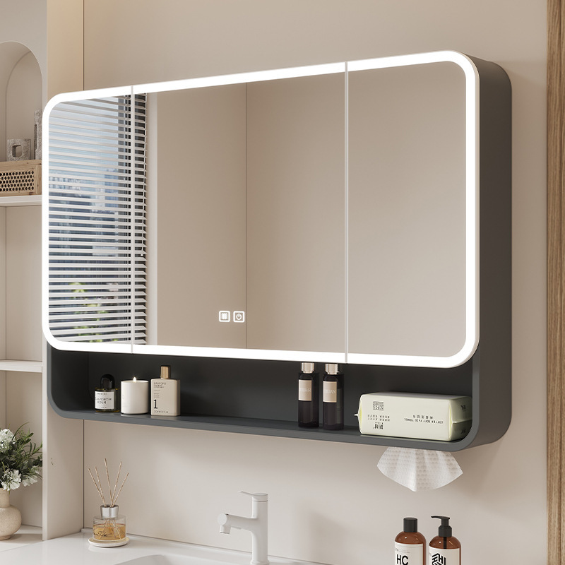 Space aluminum rounded-corner smart bathroom mirror cabinet with LED anti-fog feature, wall-mounted smart bathroom cabinet for makeup storage Space aluminum rounded-corner smart bathroom mirror cabinet with LED anti-fog feature, wall-mounted smart bathroom cabinet for makeup storage
