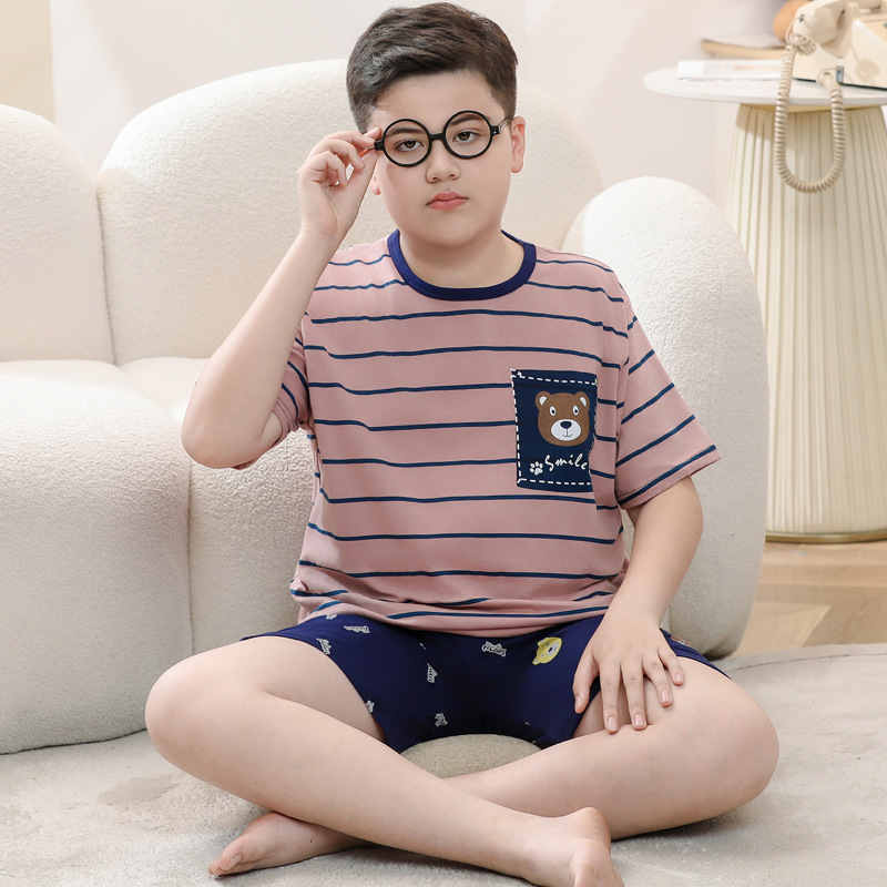 子供用パジャマ純綿の薄いタイプの太った男の子の半袖の半ズボンのスーツは太って大きいサイズの青少年の夏の部屋の服をプラスします。|undefined